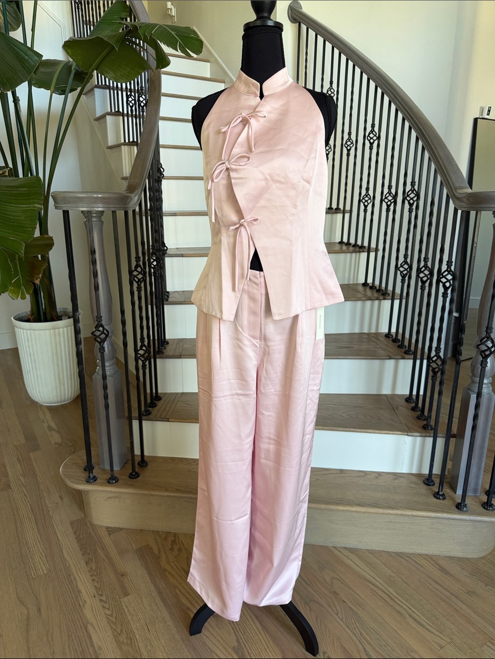 NWT Commense Silk-Blend Pink Mandarin Collar Pant Set (M)